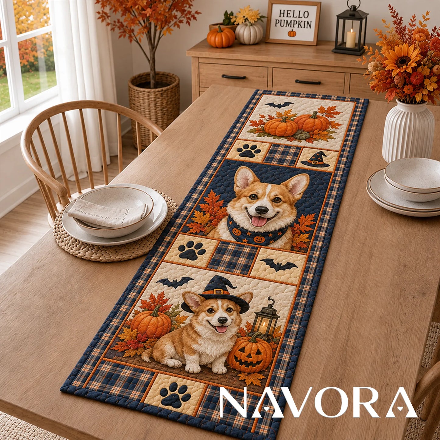 Halloween Corgi Pumpkin Patch Quilt Table Runner