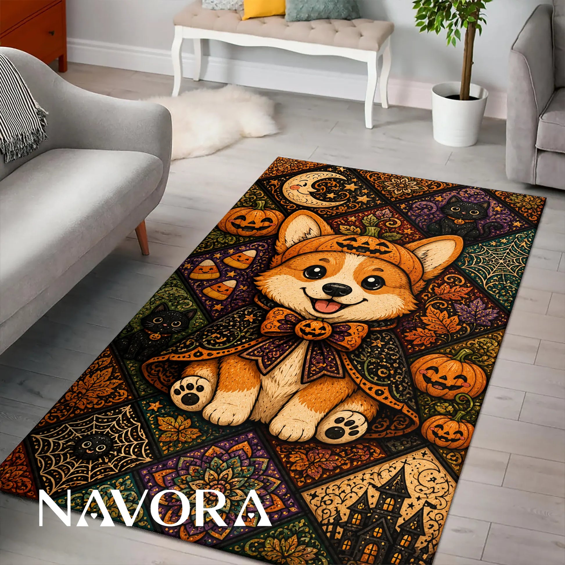 Halloween Corgi Rug – Cute Spooky Area Rug Decor