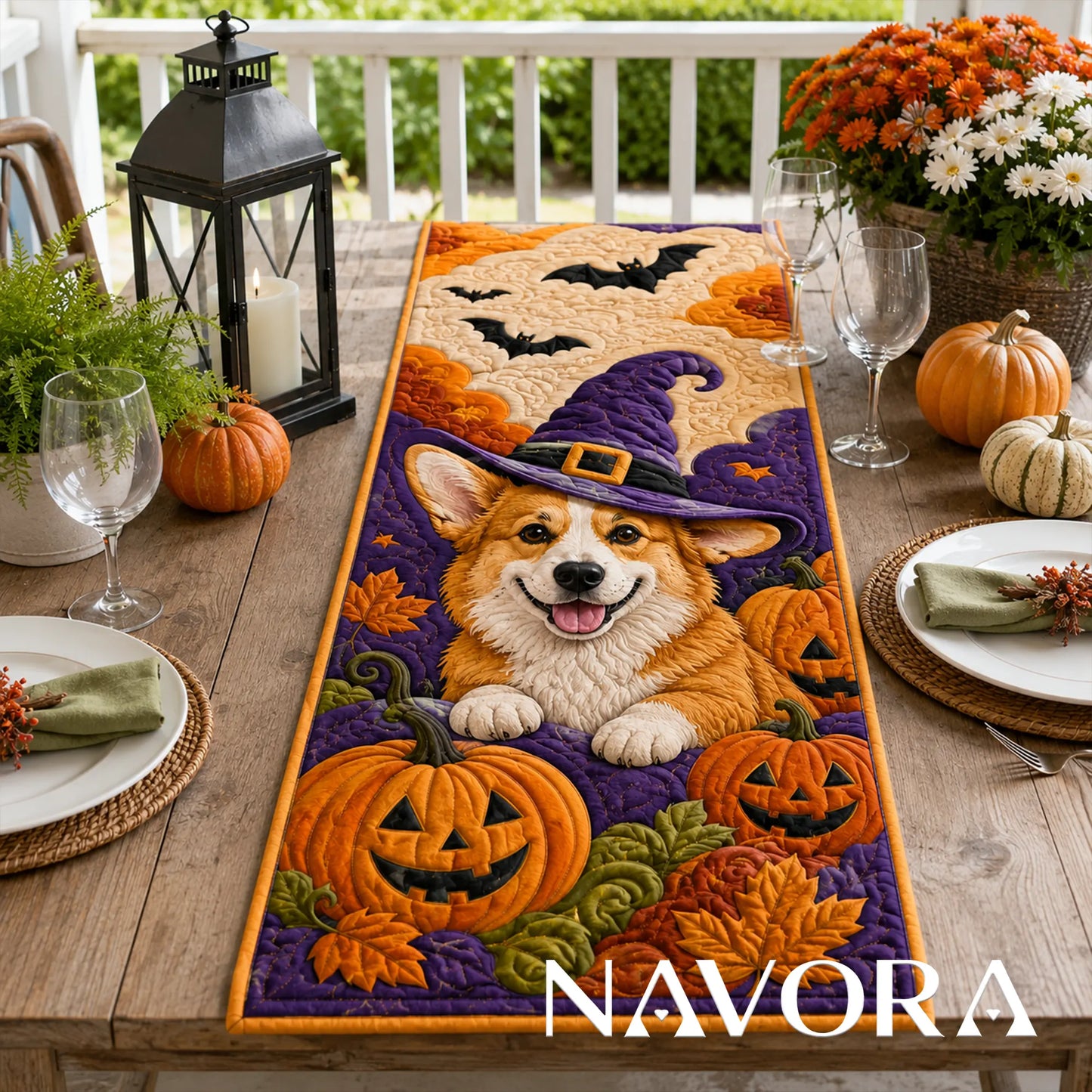 Halloween Corgi Witch and Pumpkin Quilt Table Runner