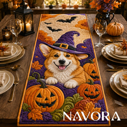 Halloween Corgi Witch and Pumpkin Quilt Table Runner