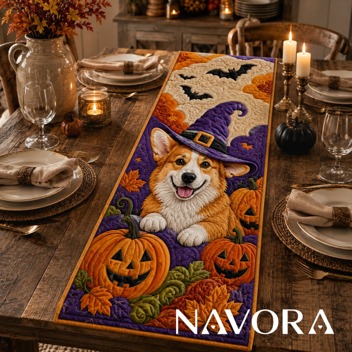 Halloween Corgi Witch and Pumpkin Quilt Table Runner