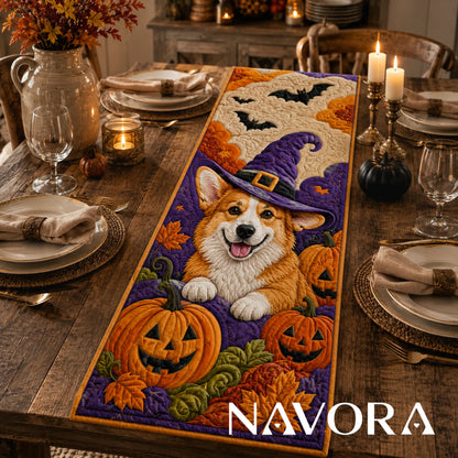 Halloween Corgi Witch and Pumpkin Quilt Table Runner
