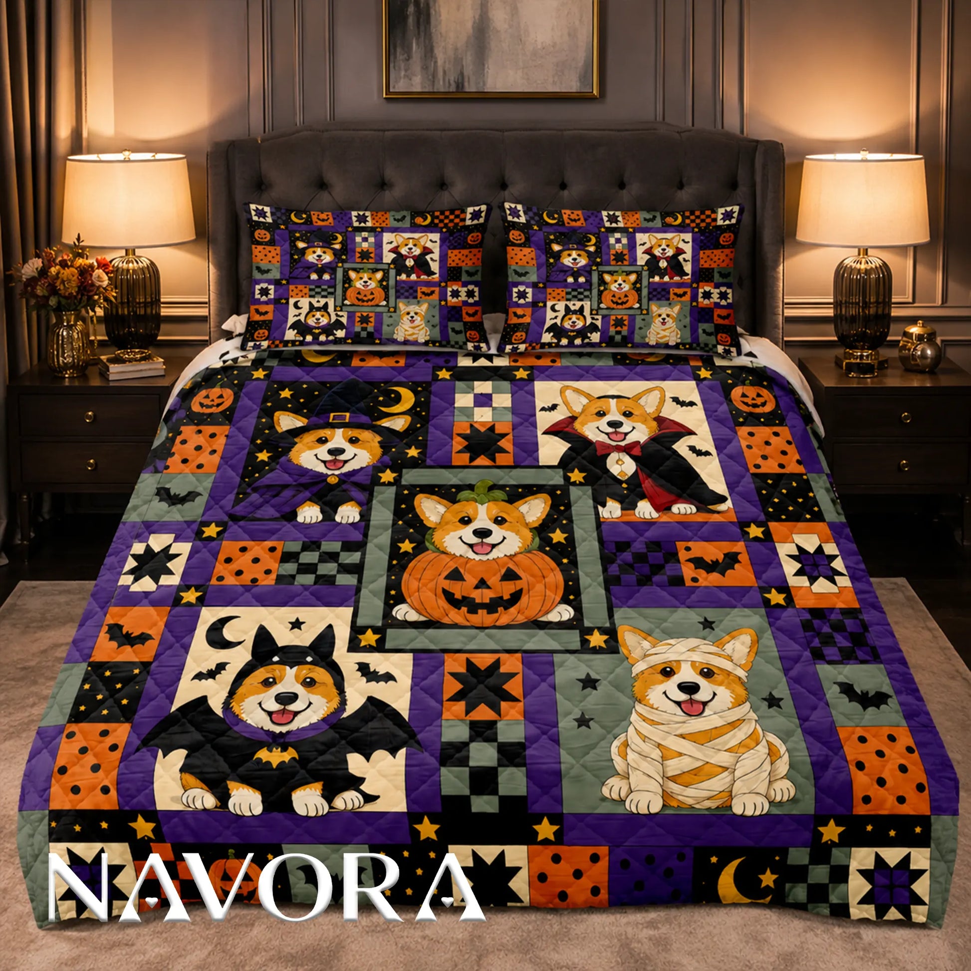 Halloween Corgi costume quilt with witch vampire pumpkin bat and mummy dogs in orange purple and black patchwork design