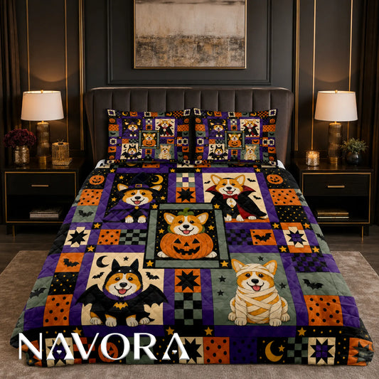 Halloween Corgi costume quilt with witch vampire pumpkin bat and mummy dogs in orange purple and black patchwork design