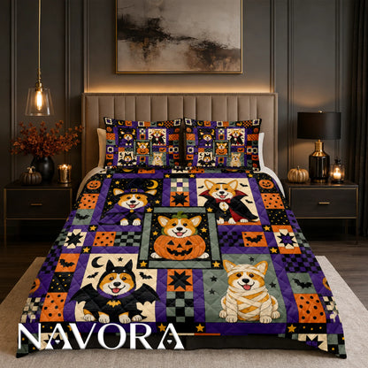 Halloween Corgi costume quilt with witch vampire pumpkin bat and mummy dogs in orange purple and black patchwork design