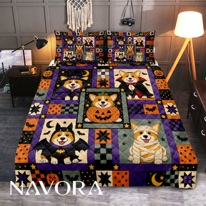 Halloween Corgi costume quilt with witch vampire pumpkin bat and mummy dogs in orange purple and black patchwork design