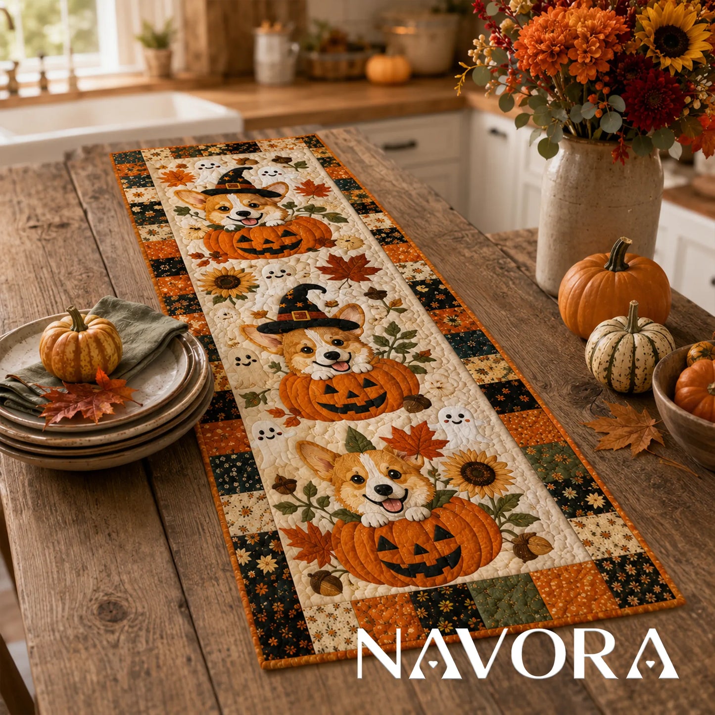 Halloween Corgi pumpkin quilt table runner with three Corgis, friendly ghosts, witch hats, sunflowers and autumn patchwork