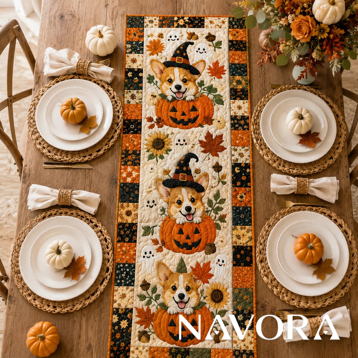 Halloween Corgi pumpkin quilt table runner with three Corgis, friendly ghosts, witch hats, sunflowers and autumn patchwork