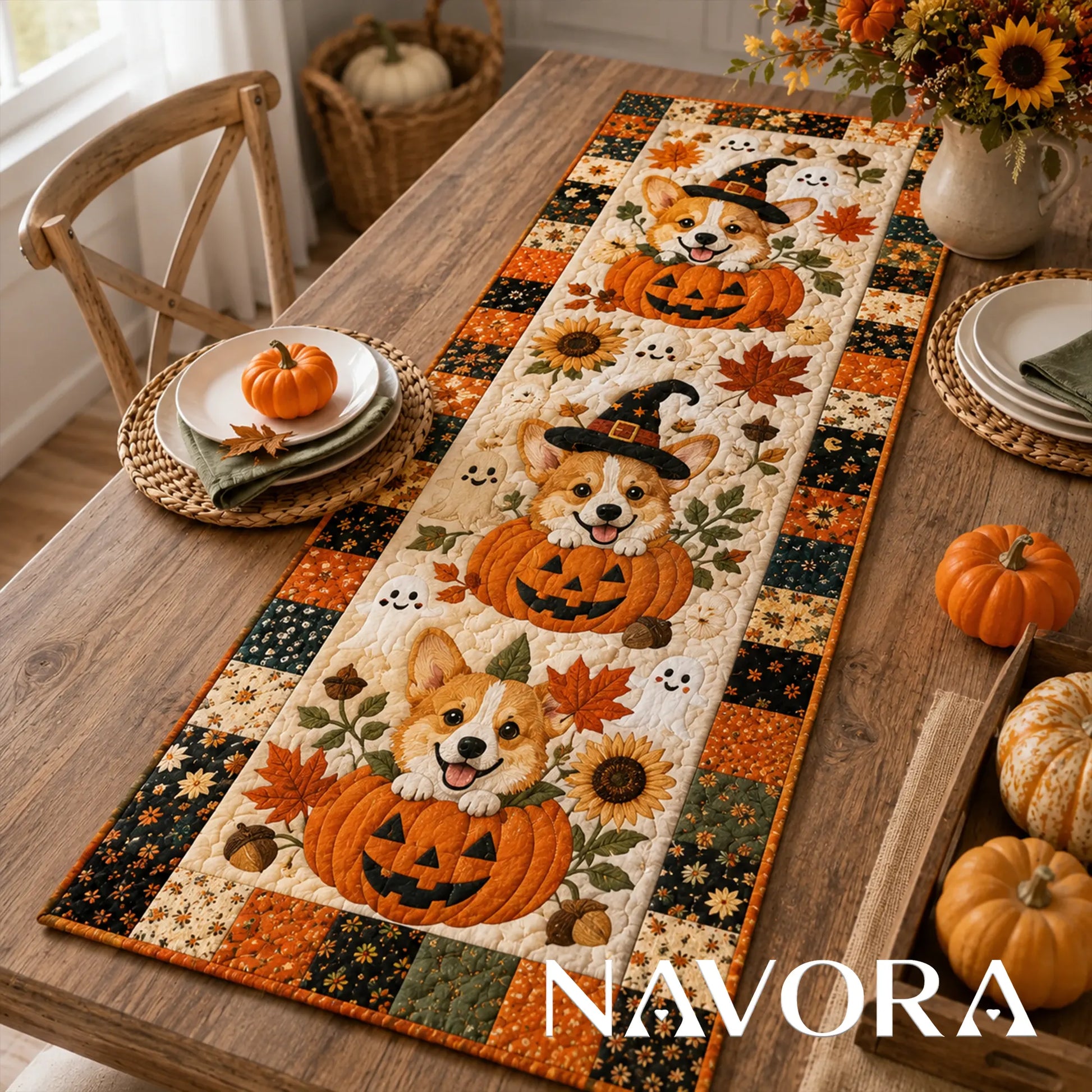 Halloween Corgi pumpkin quilt table runner with three Corgis, friendly ghosts, witch hats, sunflowers and autumn patchwork