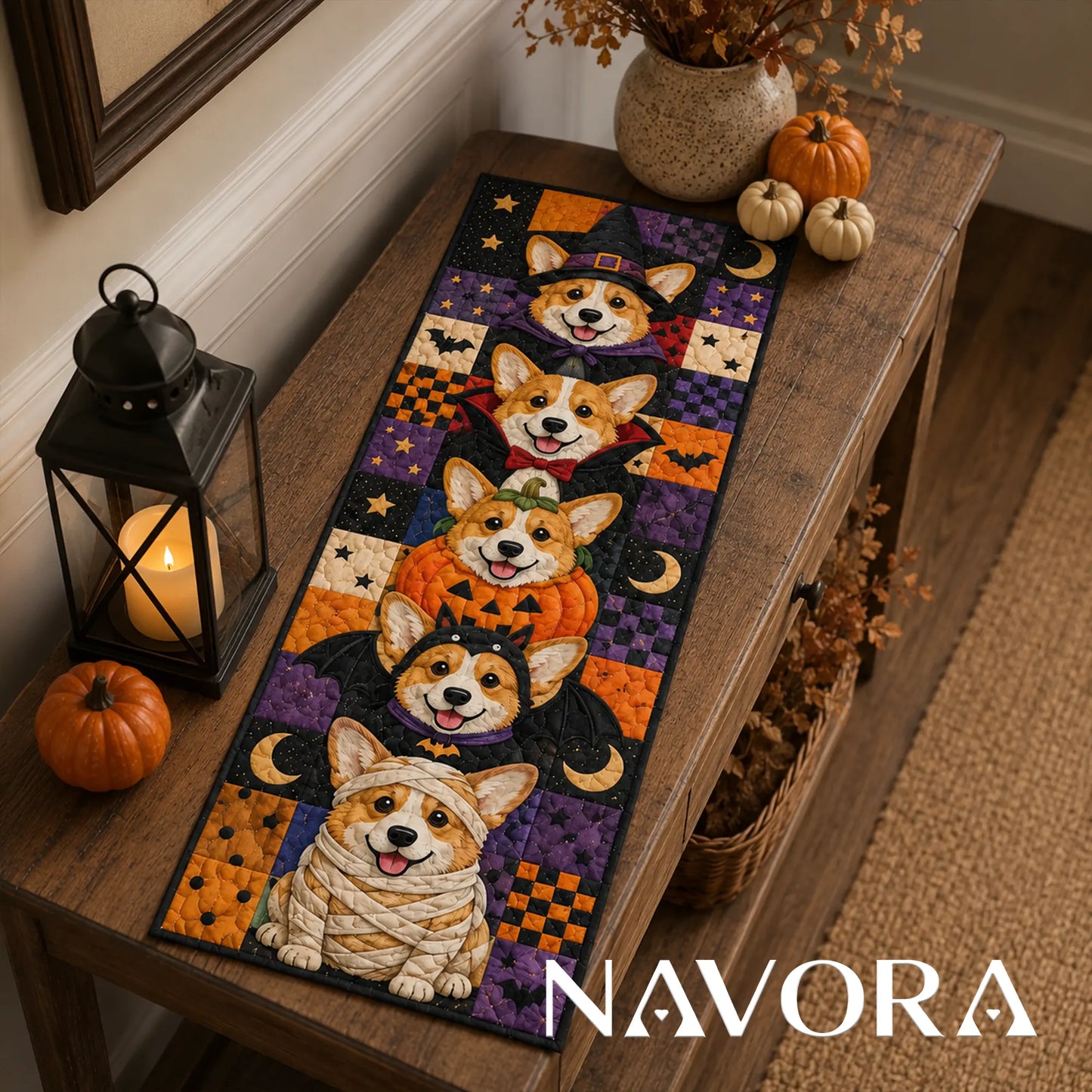Halloween Corgi Costume Quilt Table Runner – Cute Spooky Patchwork Decor
