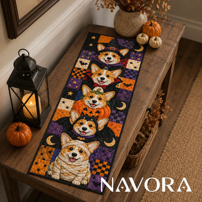 Halloween Corgi Costume Quilt Table Runner – Cute Spooky Patchwork Decor