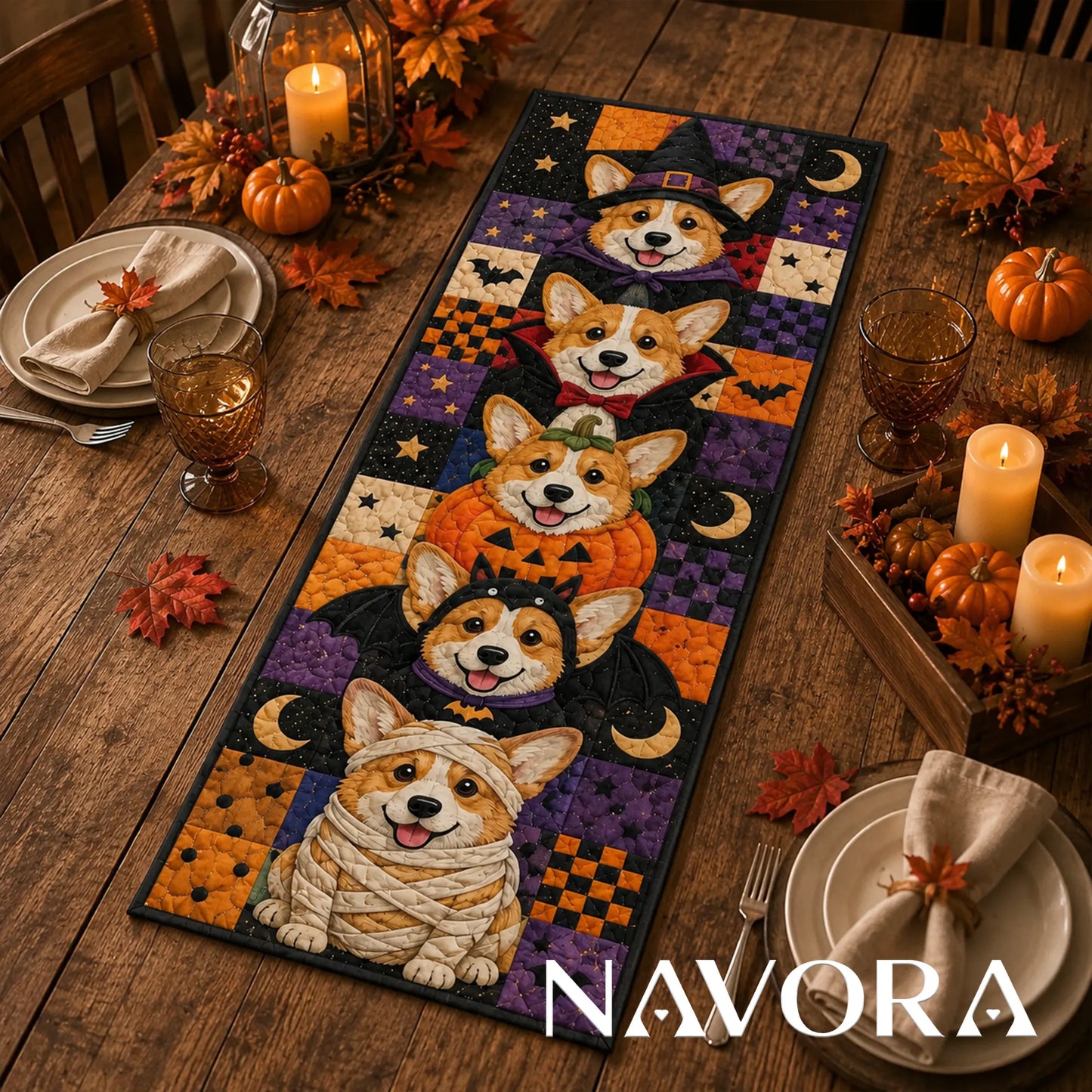Halloween Corgi Costume Quilt Table Runner – Cute Spooky Patchwork Decor