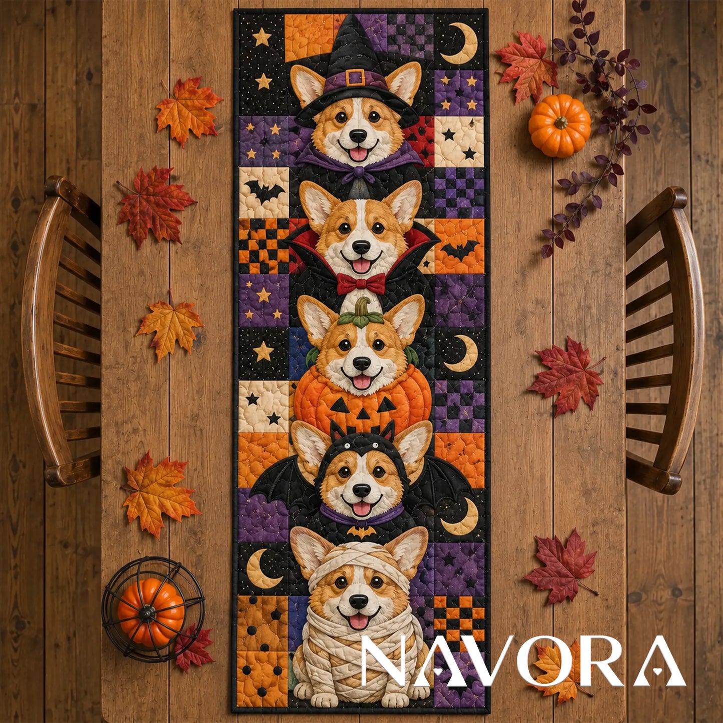 Halloween Corgi Costume Quilt Table Runner – Cute Spooky Patchwork Decor