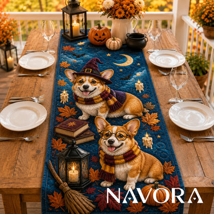 Halloween Corgi witch quilt table runner with pumpkins, candles, autumn leaves and crescent moon on a dining table