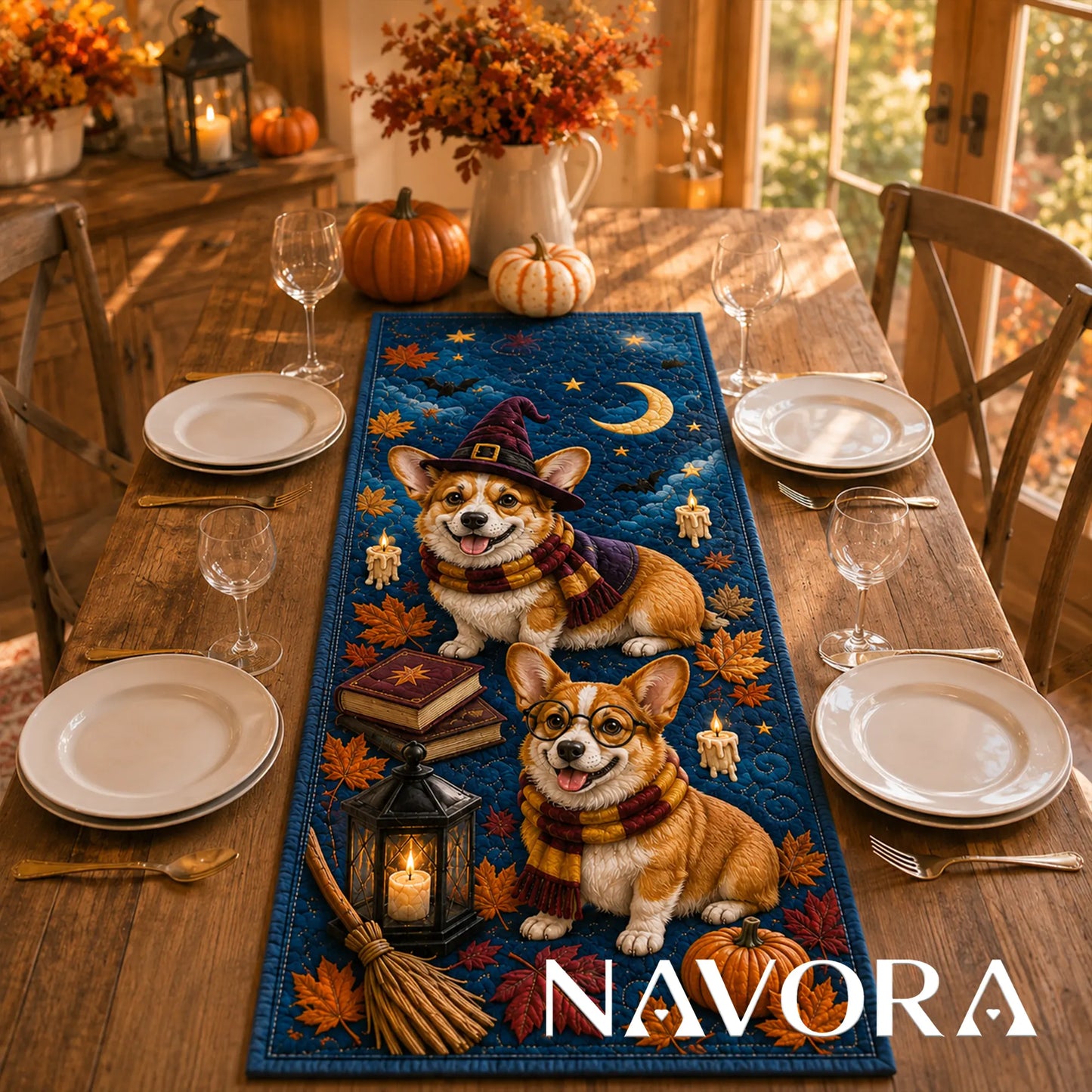 Halloween Corgi witch quilt table runner with pumpkins, candles, autumn leaves and crescent moon on a dining table