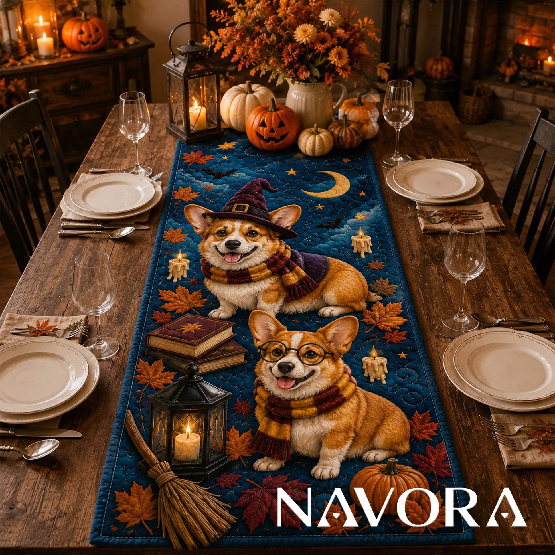 Halloween Corgi witch quilt table runner with pumpkins, candles, autumn leaves and crescent moon on a dining table