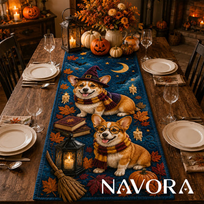 Halloween Corgi witch quilt table runner with pumpkins, candles, autumn leaves and crescent moon on a dining table