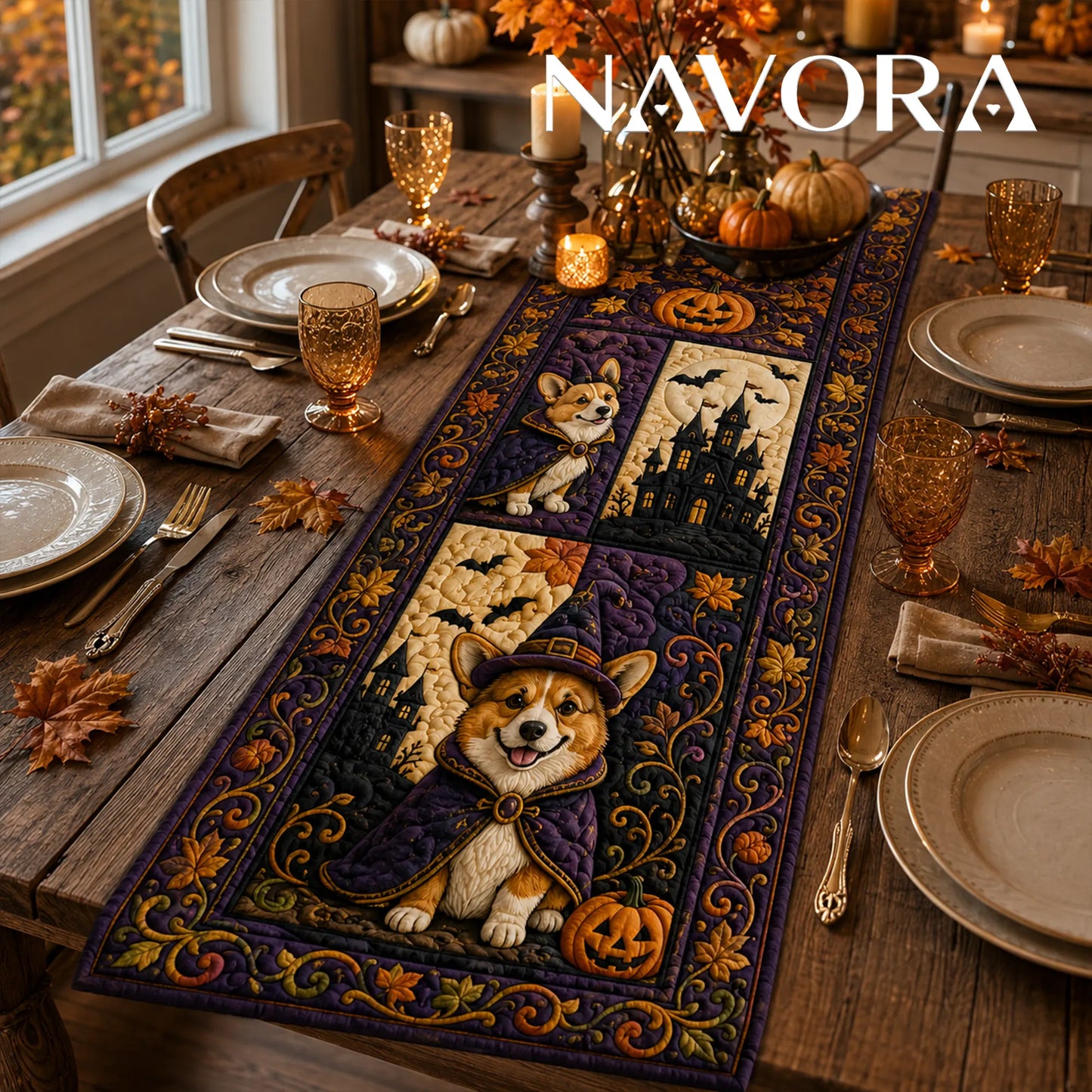 Halloween Corgi haunted manor quilt table runner with costumed Corgis, pumpkins, bats and purple patchwork design