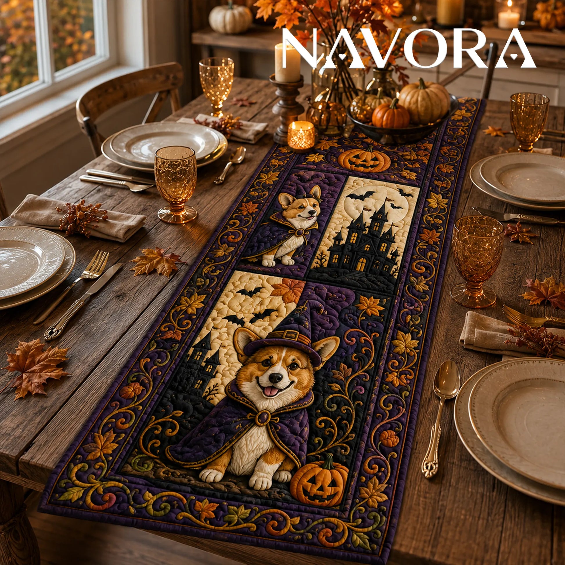 Halloween Corgi haunted manor quilt table runner with costumed Corgis, pumpkins, bats and purple patchwork design