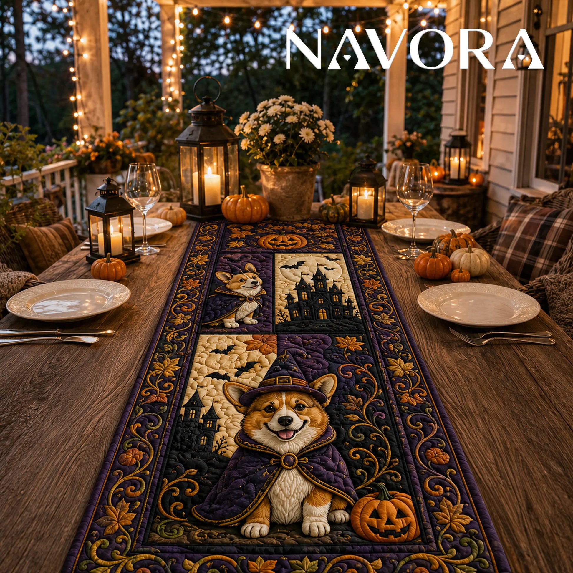 Halloween Corgi haunted manor quilt table runner with costumed Corgis, pumpkins, bats and purple patchwork design