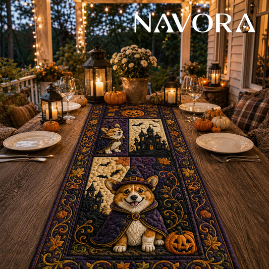 Halloween Corgi haunted manor quilt table runner with costumed Corgis, pumpkins, bats and purple patchwork design