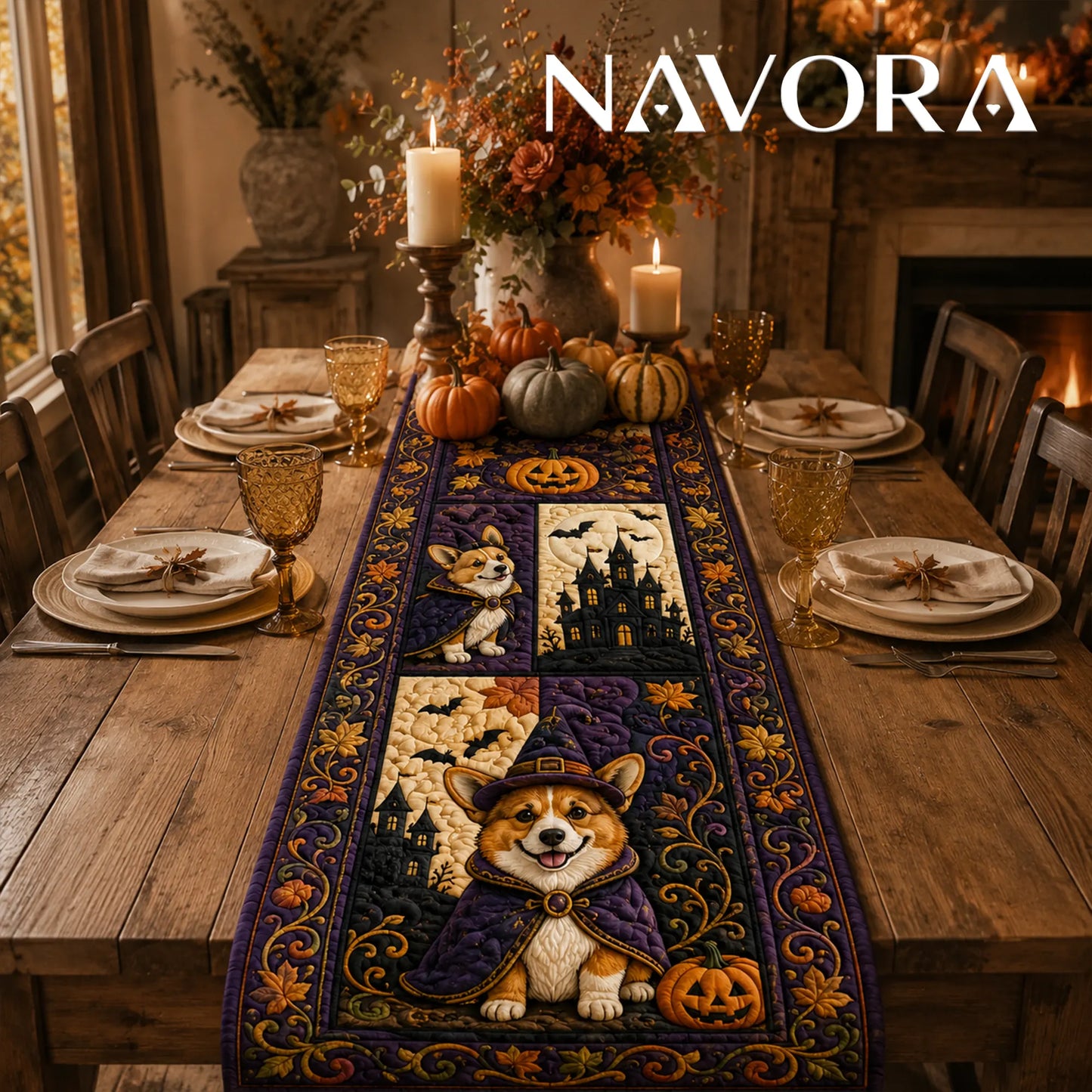 Halloween Corgi haunted manor quilt table runner with costumed Corgis, pumpkins, bats and purple patchwork design