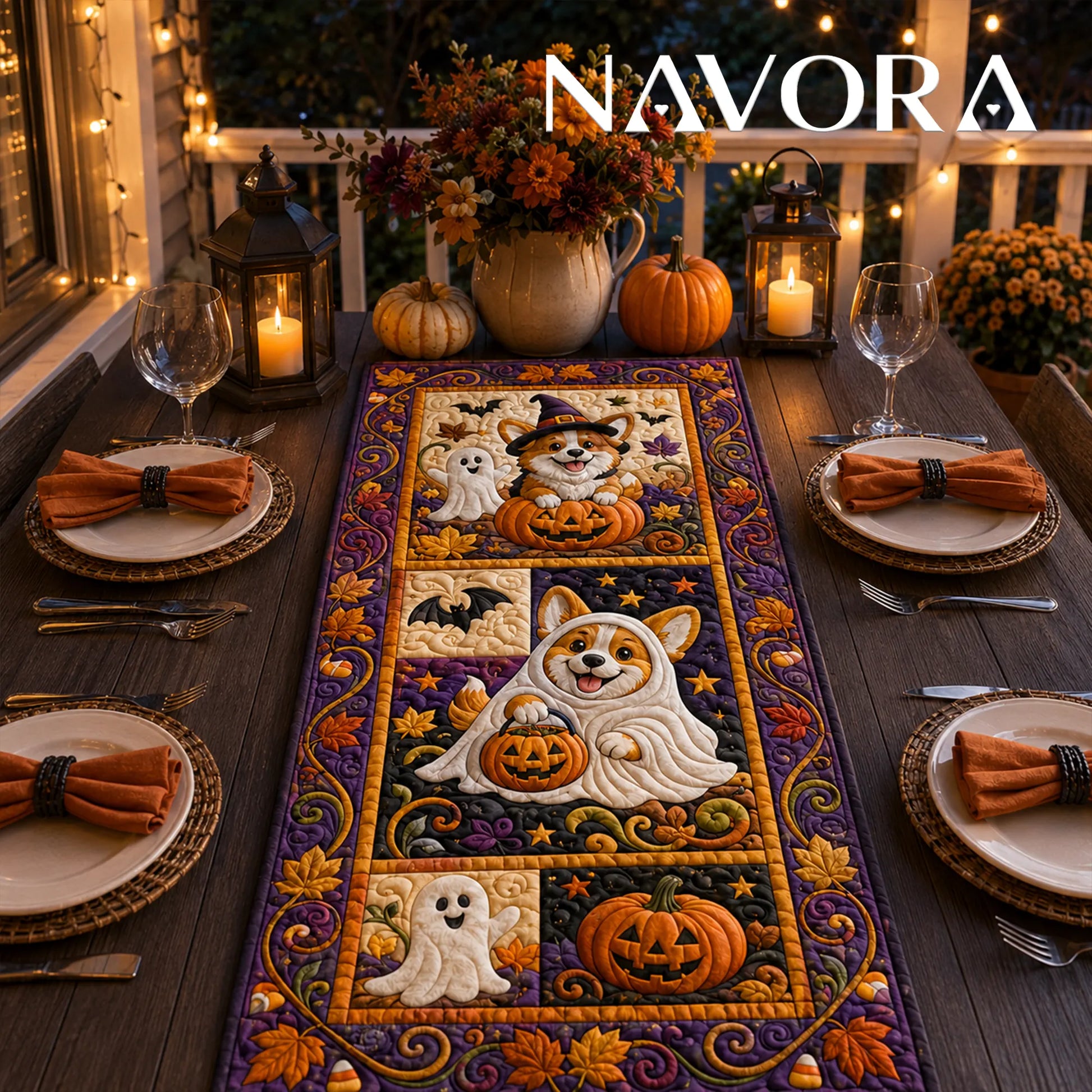 Halloween Corgi quilt table runner with ghost and witch Corgis, pumpkins, bats, candy corn and purple autumn borders
