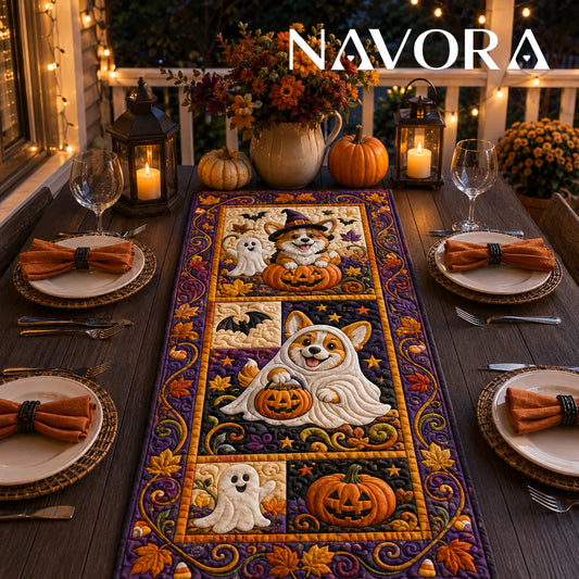 Halloween Corgi quilt table runner with ghost and witch Corgis, pumpkins, bats, candy corn and purple autumn borders