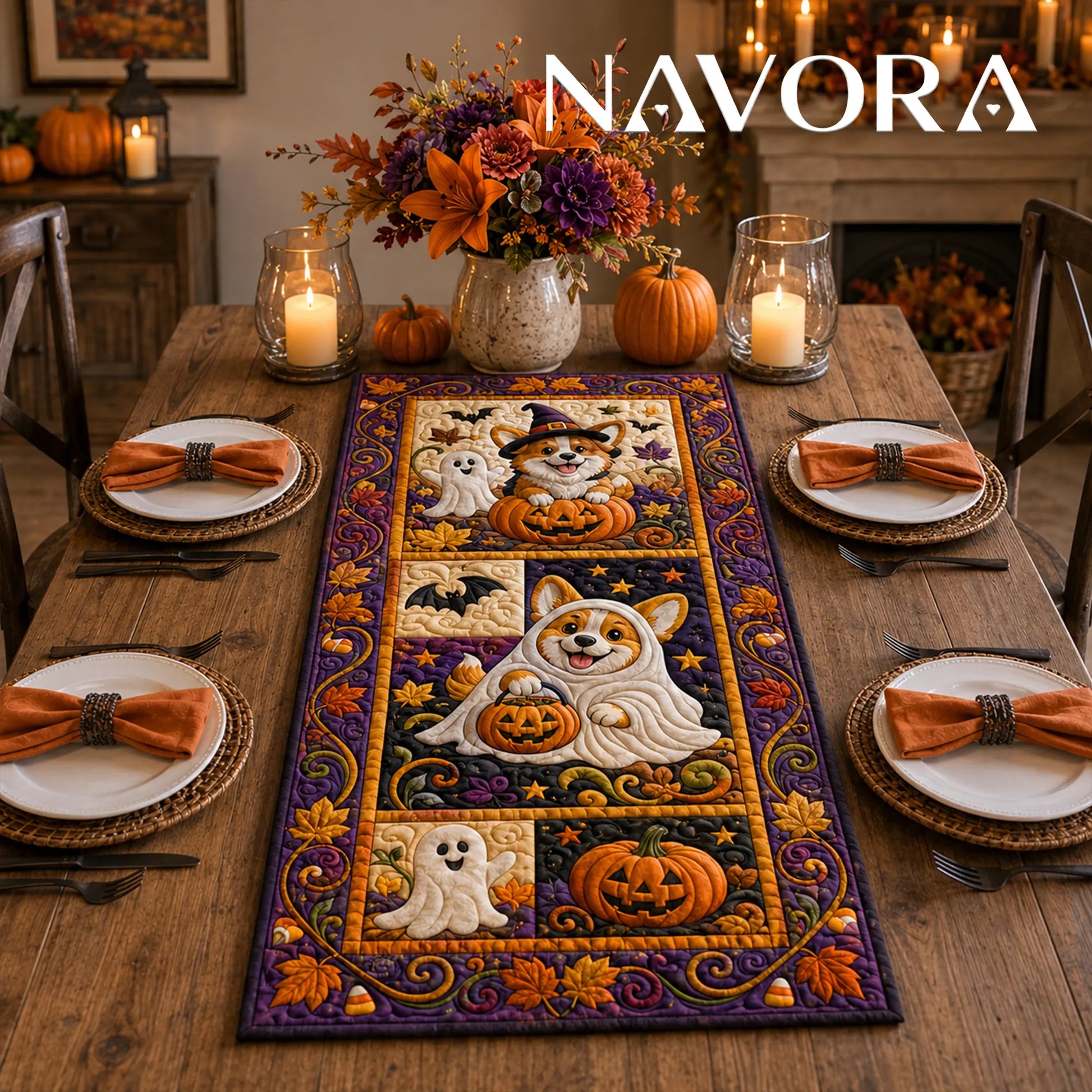 Halloween Corgi quilt table runner with ghost and witch Corgis, pumpkins, bats, candy corn and purple autumn borders