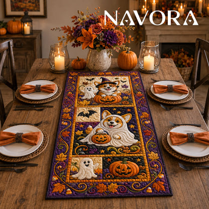 Halloween Corgi quilt table runner with ghost and witch Corgis, pumpkins, bats, candy corn and purple autumn borders