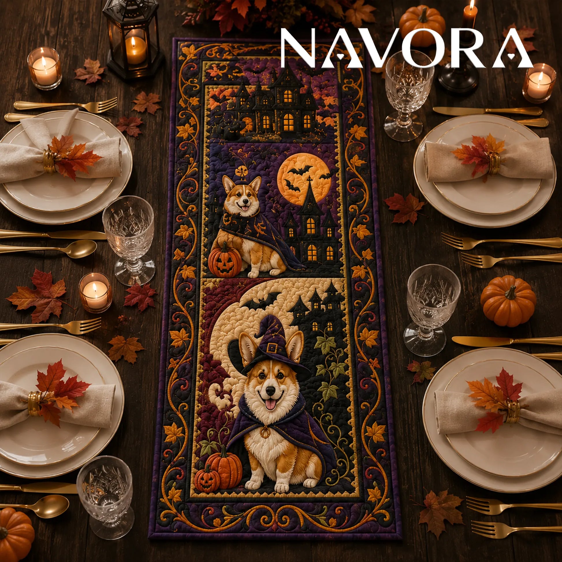 Halloween Corgi quilt table runner with witch Corgis, haunted castles, pumpkins, bats and purple autumn borders