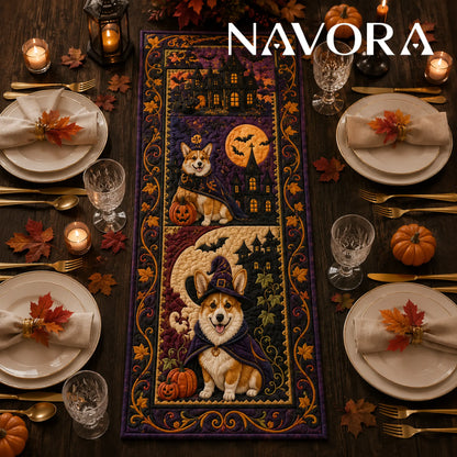Halloween Corgi quilt table runner with witch Corgis, haunted castles, pumpkins, bats and purple autumn borders