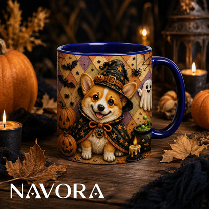 Halloween Corgi witch accent mug with pumpkins bats ghost and spooky fall design