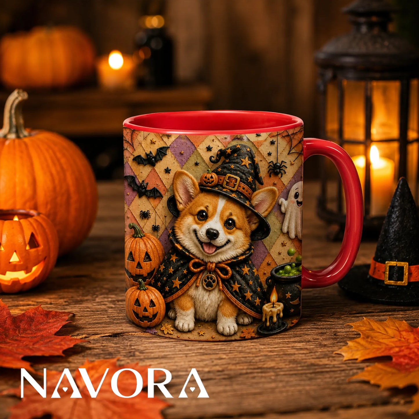 Halloween Corgi witch accent mug with pumpkins bats ghost and spooky fall design