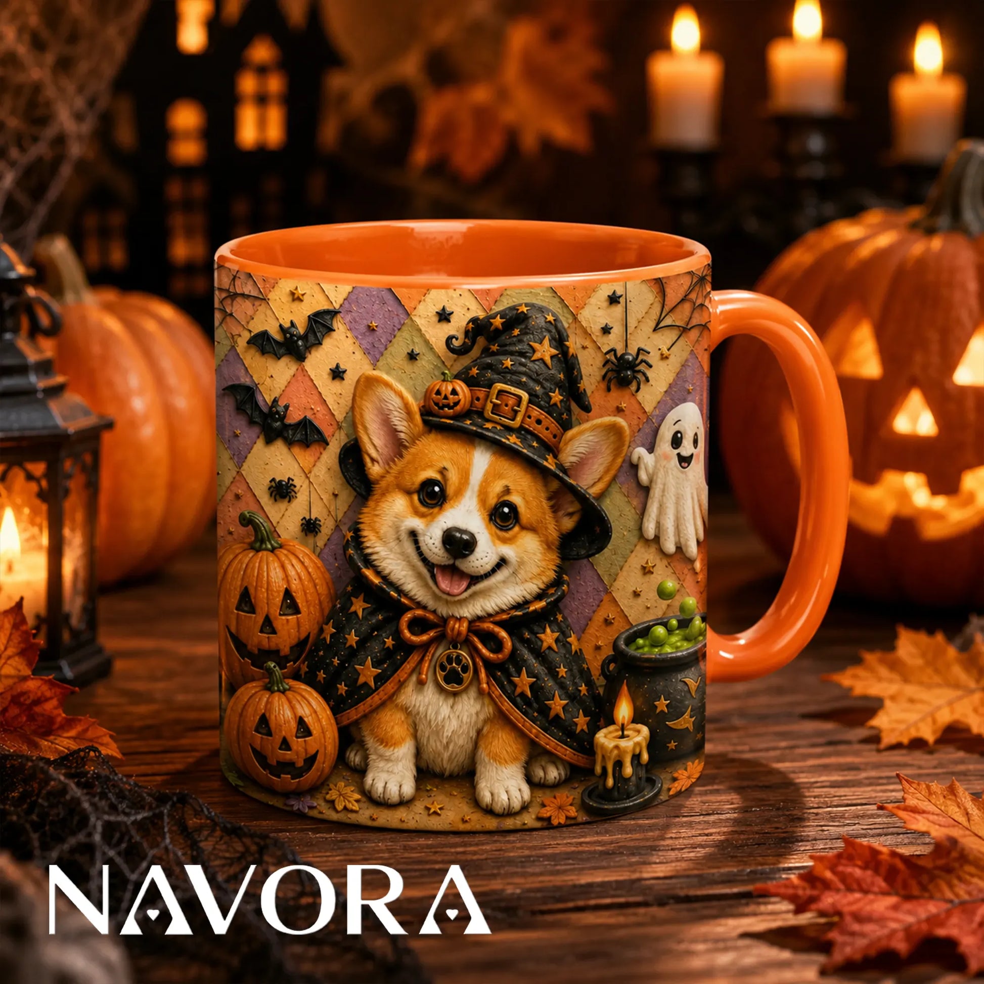 Halloween Corgi witch accent mug with pumpkins bats ghost and spooky fall design