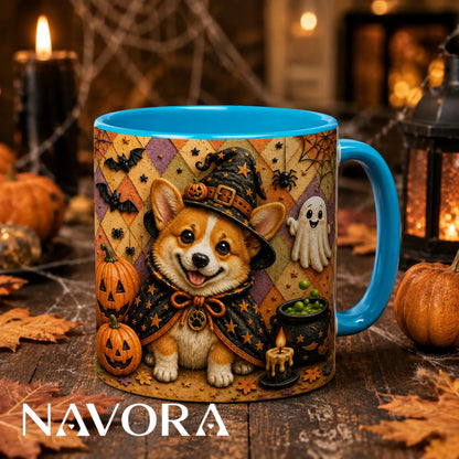 Halloween Corgi witch accent mug with pumpkins bats ghost and spooky fall design