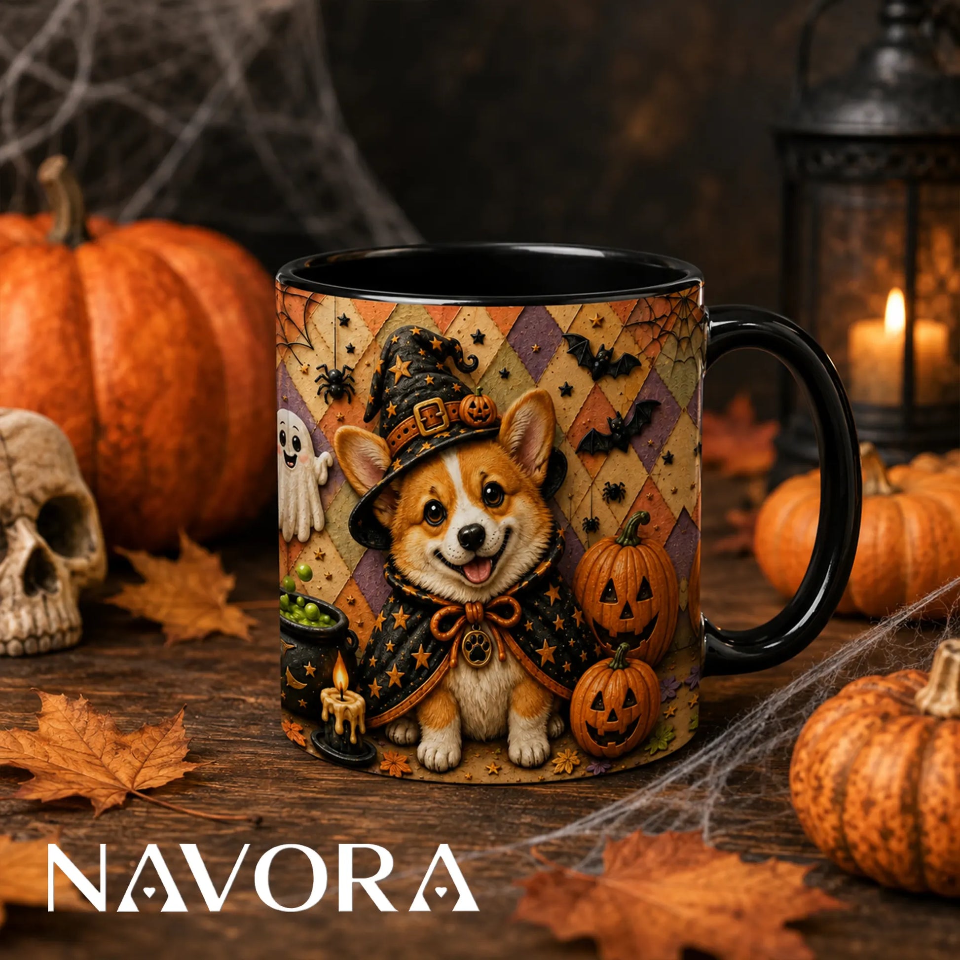 Halloween Corgi witch accent mug with pumpkins bats ghost and spooky fall design