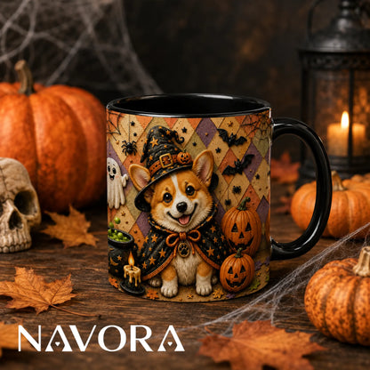 Halloween Corgi witch accent mug with pumpkins bats ghost and spooky fall design