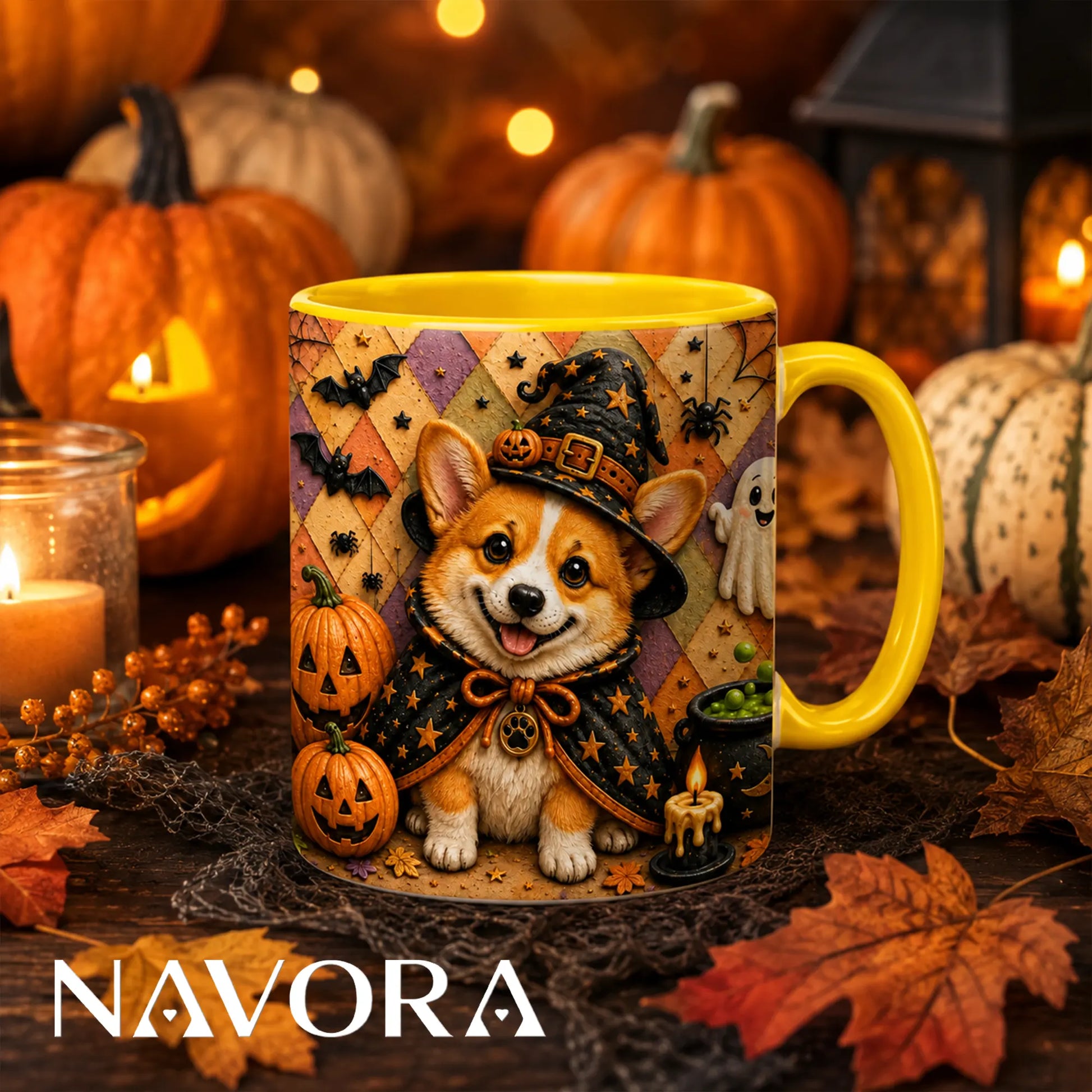 Halloween Corgi witch accent mug with pumpkins bats ghost and spooky fall design