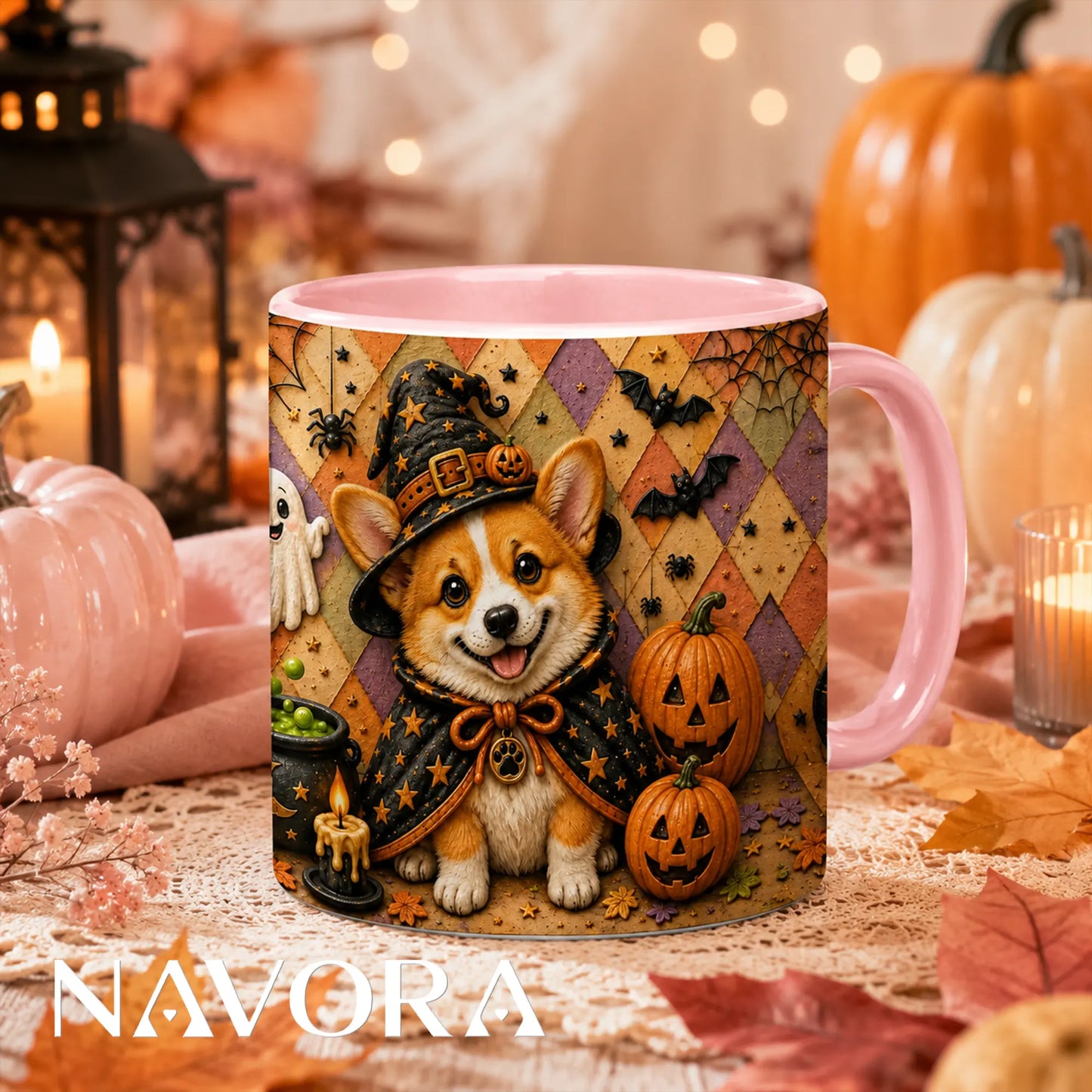 Halloween Corgi witch accent mug with pumpkins bats ghost and spooky fall design