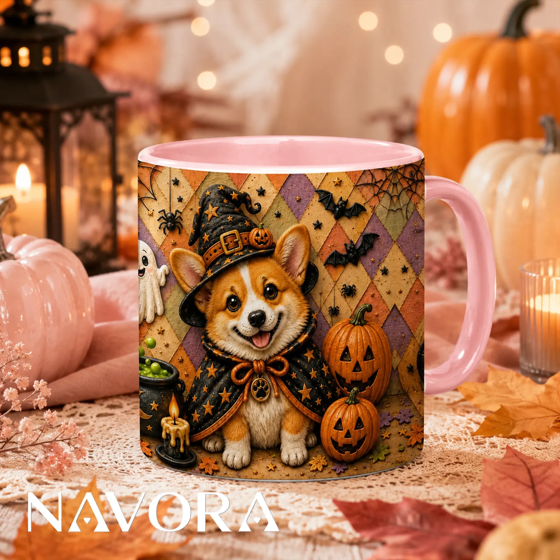 Halloween Corgi witch accent mug with pumpkins bats ghost and spooky fall design