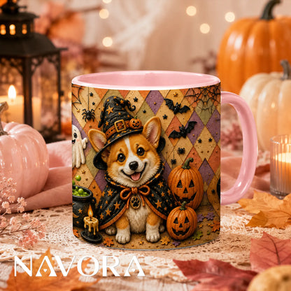 Halloween Corgi witch accent mug with pumpkins bats ghost and spooky fall design