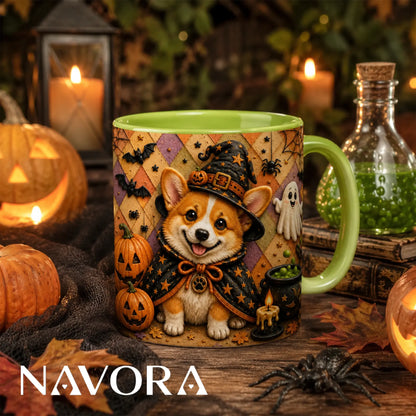 Halloween Corgi witch accent mug with pumpkins bats ghost and spooky fall design