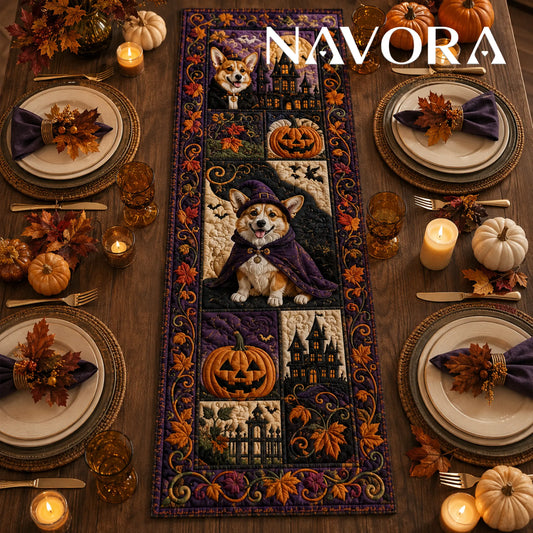 Halloween Corgi witch quilt table runner with haunted houses, pumpkins, bats and purple autumn patchwork