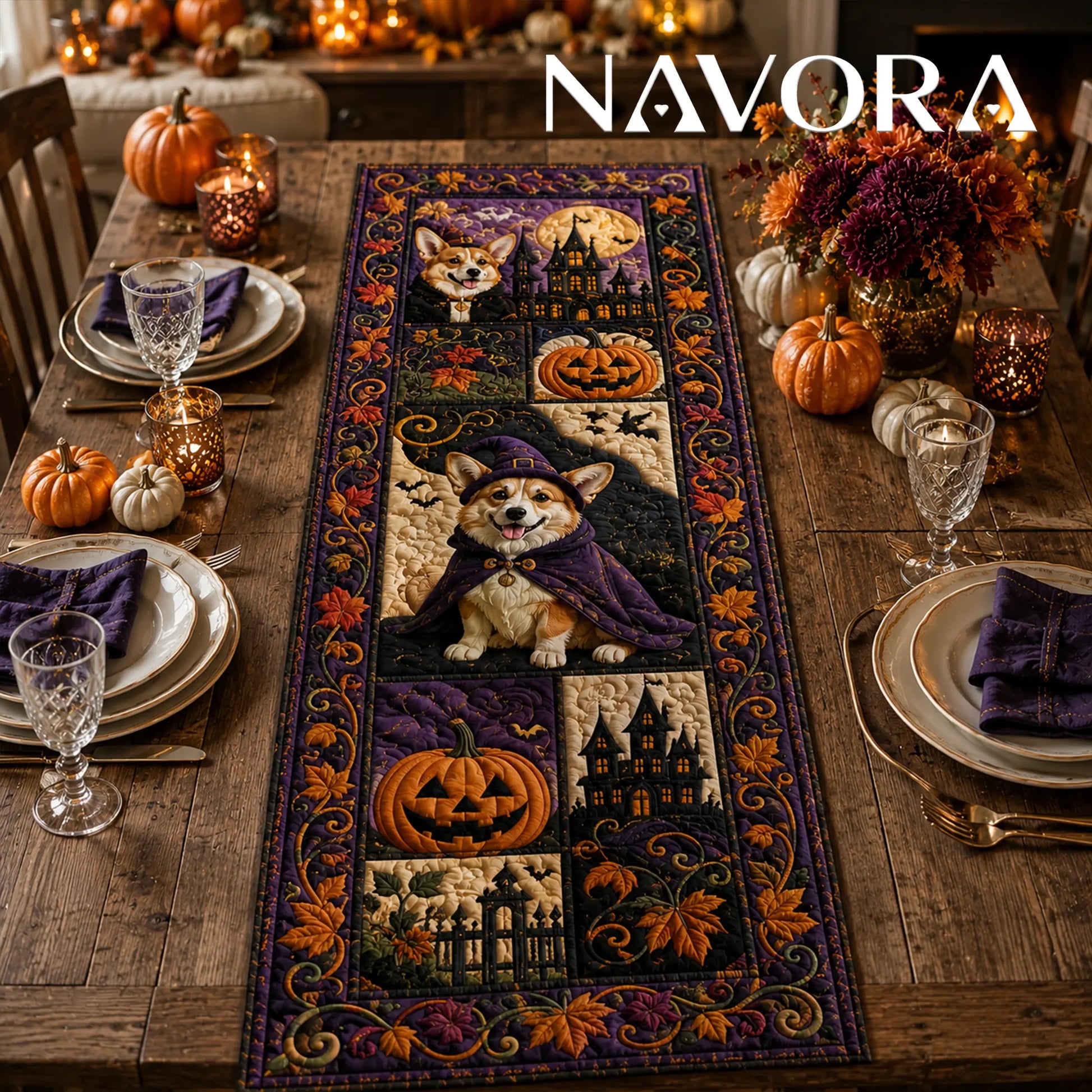 Halloween Corgi witch quilt table runner with haunted houses, pumpkins, bats and purple autumn patchwork