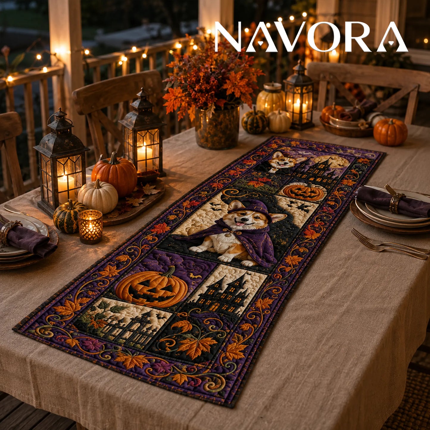 Halloween Corgi witch quilt table runner with haunted houses, pumpkins, bats and purple autumn patchwork
