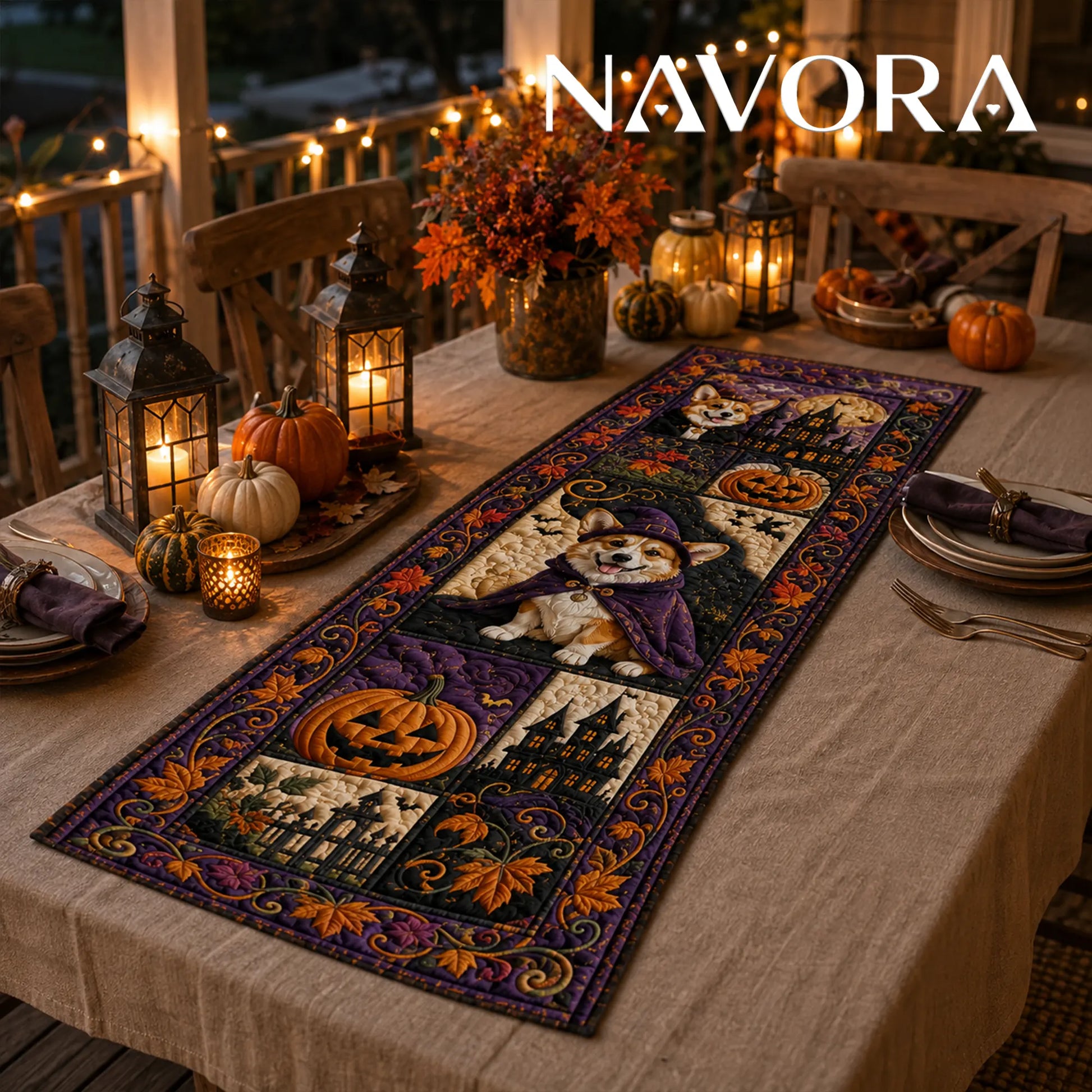 Halloween Corgi witch quilt table runner with haunted houses, pumpkins, bats and purple autumn patchwork