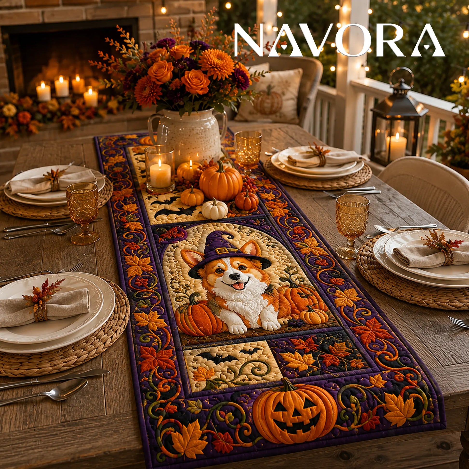 Halloween Corgi witch quilt table runner with pumpkins, bats, autumn leaves and purple patchwork border on a dining table
