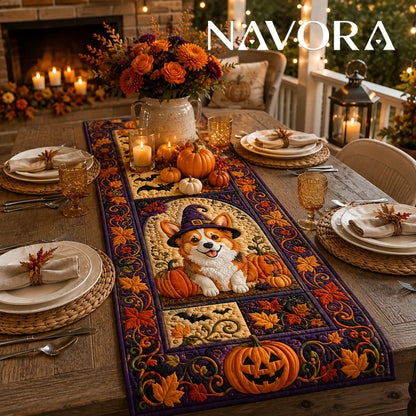 Halloween Corgi witch quilt table runner with pumpkins, bats, autumn leaves and purple patchwork border on a dining table