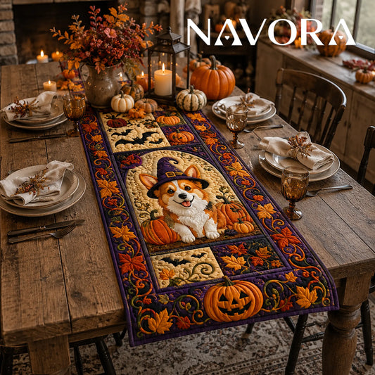 Halloween Corgi witch quilt table runner with pumpkins, bats, autumn leaves and purple patchwork border on a dining table